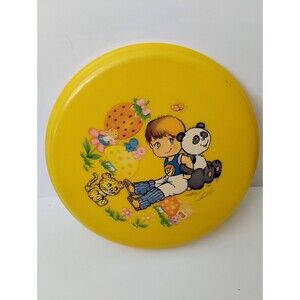 Vtg 70s Yellow Flying Disc Frisbee Retro Japanese Anime Style Boy Panda Mushroom